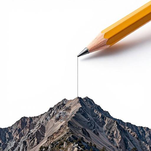 Photograph of a sharpened yellow pencil drawing a thin line towards a detailed, rugged mountain peak on a white background.