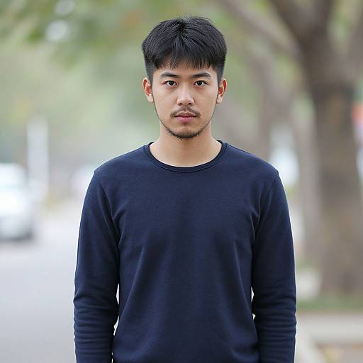 Photograph of an Asian man with short black hair, light skin, and a trimmed beard, wearing a plain black long-sleeve shirt, standing