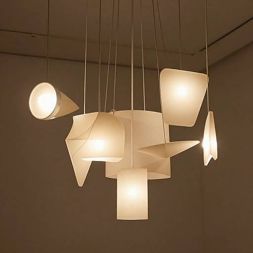 Modern, geometric pendant light fixture with six white, paper-like shapes hanging from black cords, illuminated in a dark room.