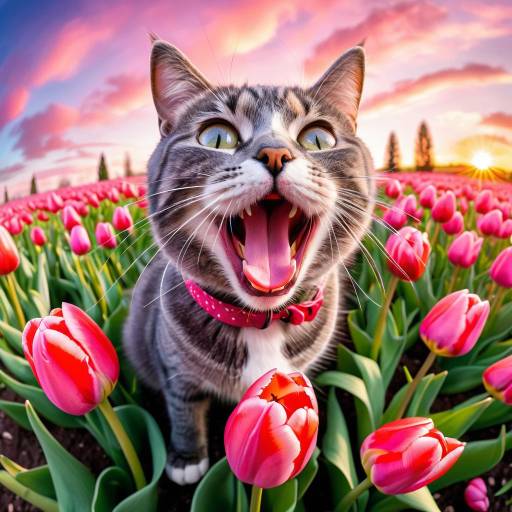 Playful Gray Cat in Tulip Field