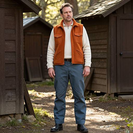 Photograph of a middle-aged man with short brown hair, wearing a white shirt, orange vest, and blue pants, standing in front of rustic wooden