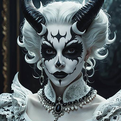 Pale Woman with Devil Horns and Gothic Makeup