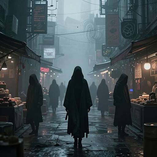 Photograph of a misty, neon-lit, rainy night market street with silhouetted figures in hooded coats, illuminated stalls, and