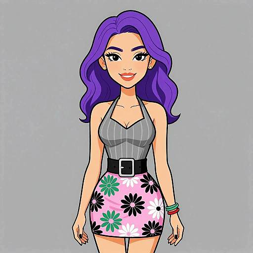 Digital cartoon of a smiling woman with purple hair, gray top, white floral skirt, black belt, and colorful bracelets, against a light gray background.