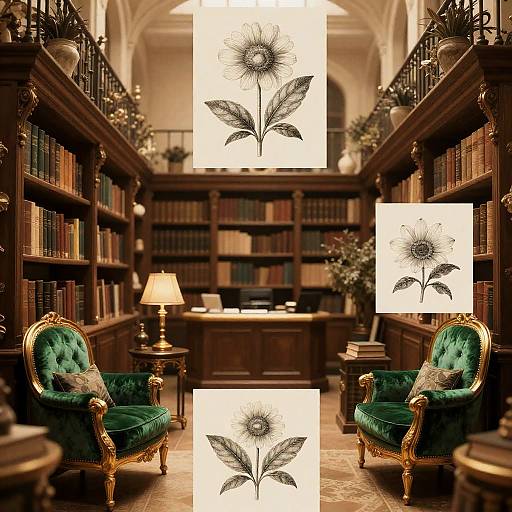 Antique Bookshop Atrium with Botanical Collage