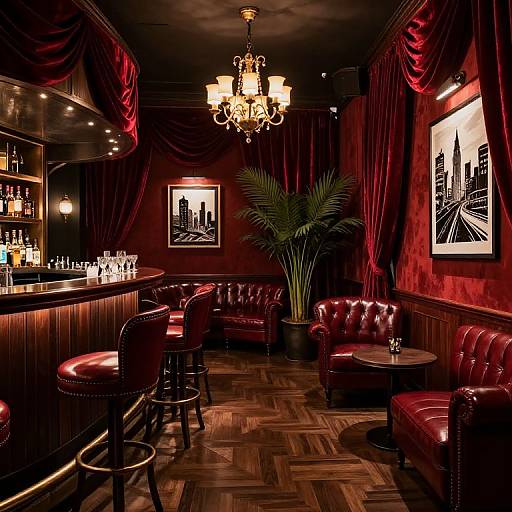 Photograph of a luxurious, dimly-lit bar with deep red velvet curtains, red leather tufted chairs, a chandelier, and city