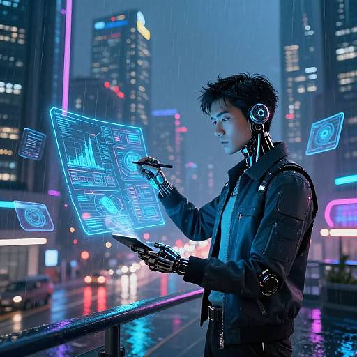 Cyberpunk cityscape at night; young man with black hair, futuristic headphones, and jacket, interacts with glowing blue holographic interface, holding a