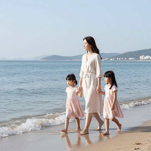 Photograph of an Asian woman in a white dress holding hands with two young girls in pink dresses, walking on a sunny beach with gentle waves.