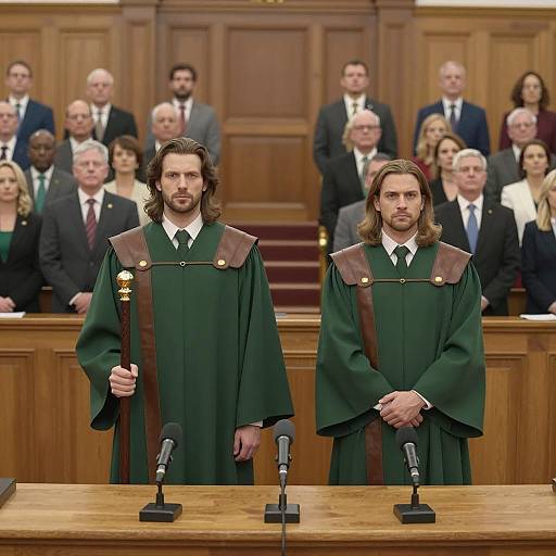 Two Men in Green Robes in Courtroom