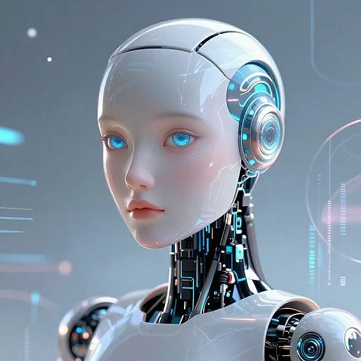 Digital CGI of a futuristic humanoid robot with pale skin, blue glowing eyes, and sleek white and black mechanical features.