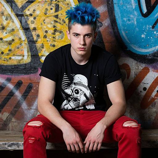 Photograph of a pale-skinned young man with blue spiky hair, wearing a black t-shirt with a skull print, and red ripped jeans,