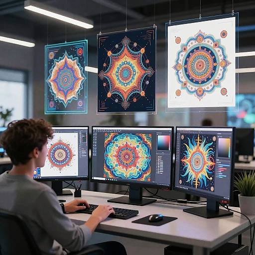 Digital artist in office, creating vibrant mandala designs on multiple monitors, surrounded by illuminated, colorful mandala artworks hanging above.
