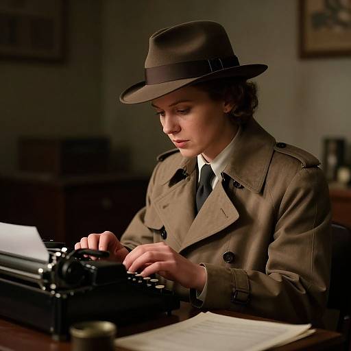 Photograph of a focused woman in a brown trench coat and fedora, typing on an old-fashioned typewriter in a dimly lit, vintage office
