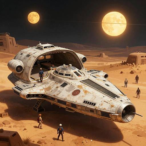 Digital artwork of a dusty, desert moon with a large, weathered spaceship, two moons in the night sky, and six astronauts in futuristic uniforms surrounding