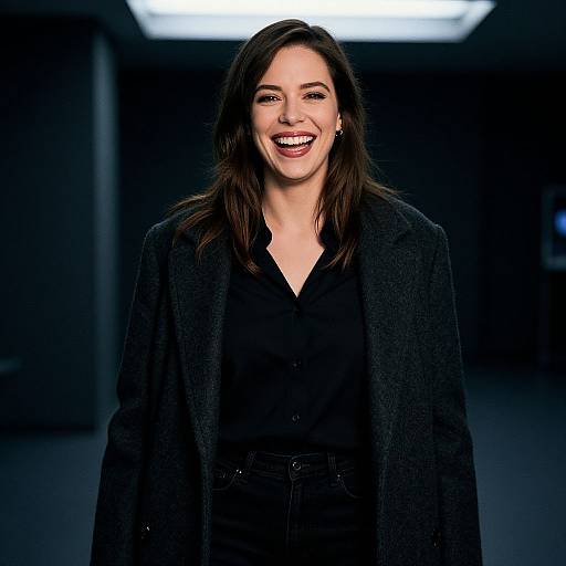 Photograph of a smiling woman with fair skin, dark brown hair, wearing a black button-up shirt and textured dark coat, standing against a dark,