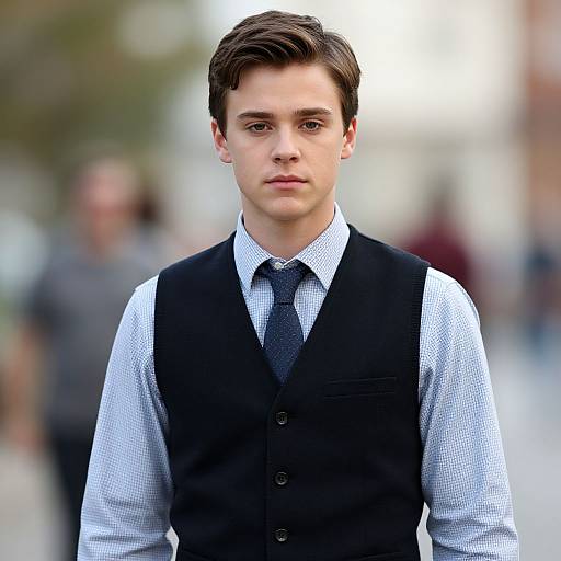 Photograph of a young Caucasian man with short brown hair, wearing a black vest over a blue checkered shirt and dark tie, standing in a blurred