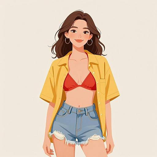 Digital illustration of a smiling woman with brown hair, wearing a yellow shirt, red bikini top, and frayed blue denim shorts.