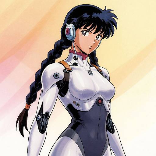 Digital anime-style drawing of a black-haired woman with twin braids, wearing a white and black form-fitting futuristic bodysuit with headphones, against