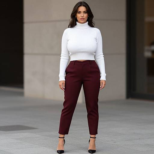 Photograph of a woman with long dark hair, wearing a white turtleneck, high-waisted maroon pants, black high heels, standing