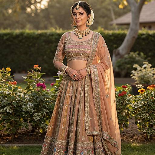 Photograph of a South Asian woman in an ornate, gold-embroidered pink lehenga, wearing traditional jewelry, standing in a sunlit