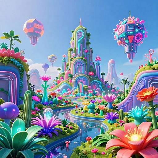 Vibrant, surreal digital artwork of a colorful, futuristic garden with floating jellyfish-like orbs, neon arches, and glowing flowers around a winding