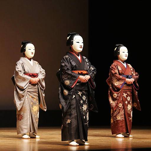Japanese Noh Theater Performers in Traditional Costumes