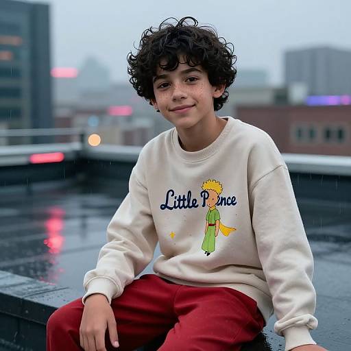 Photograph of a curly-haired young boy in a white 