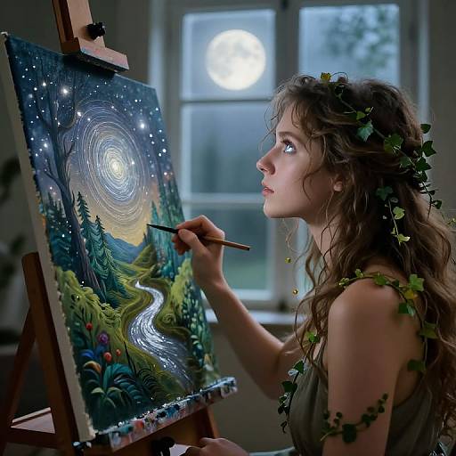Photograph of a curly-haired woman with leaf crown painting a swirling, starry night landscape on an easel, illuminated by moonlight through a window