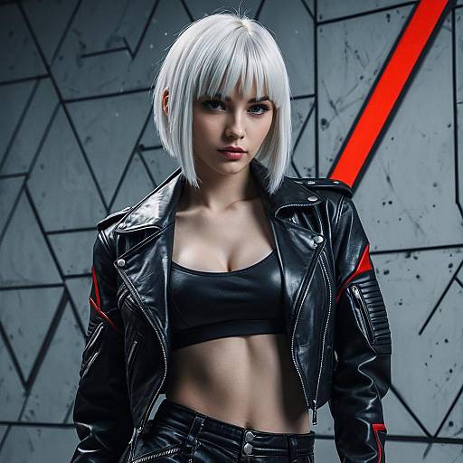 Futuristic Anime Girl with White Hair in Black Leather