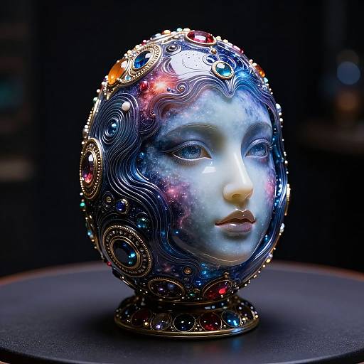 Photograph of a highly detailed, ornate, cosmic-themed bust with a serene, blue-tinged face, adorned with swirling patterns, gems,