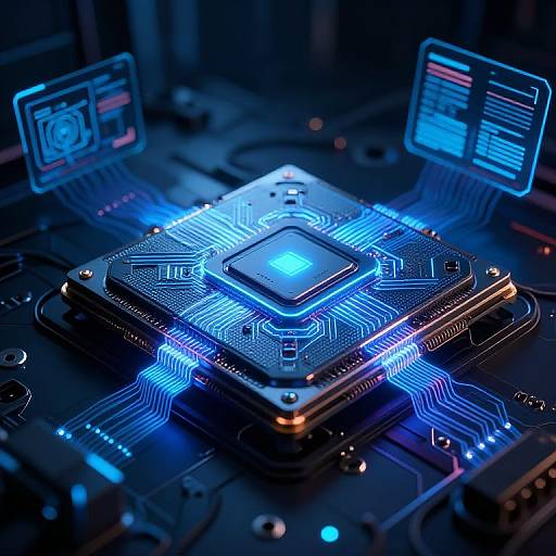 Photorealistic CGI of a glowing blue CPU chip on a dark circuit board, surrounded by illuminated digital screens with code.