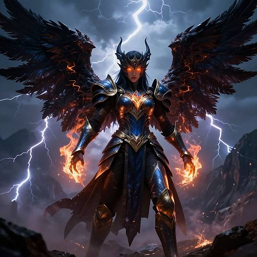 Digital artwork of a fierce, glowing-eyed warrior angel with black feathers, blue and gold armor, flames in hands, lightning bolts, and stormy mountain