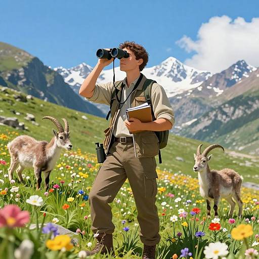 Photograph: Male photographer with curly hair, wearing khaki shirt, pants, and backpack, observes through binoculars in a colorful meadow with