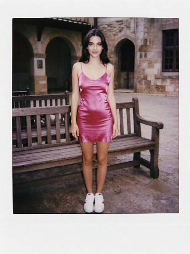 Photograph of a young woman with dark hair in a shiny pink satin mini dress and white sneakers, standing in front of a wooden bench against a historic