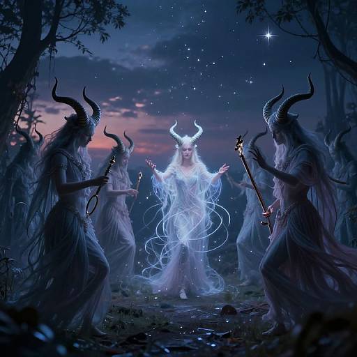 Digital fantasy artwork: Glowing white female figure with horns, surrounded by four dark, horned figures playing instruments, under a starry twilight sky.