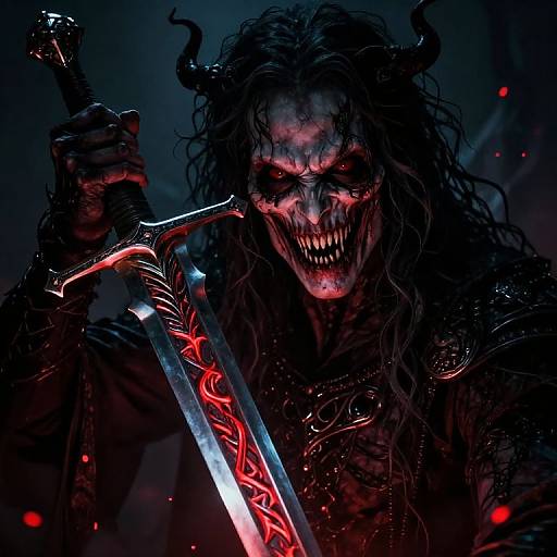 Digital artwork of a demonic warrior with glowing red eyes, sharp teeth, black horns, and intricate red-etched sword, set against a dark, sm