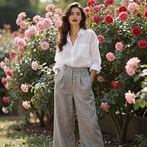 Woman in Linen Outfit in Rose Garden