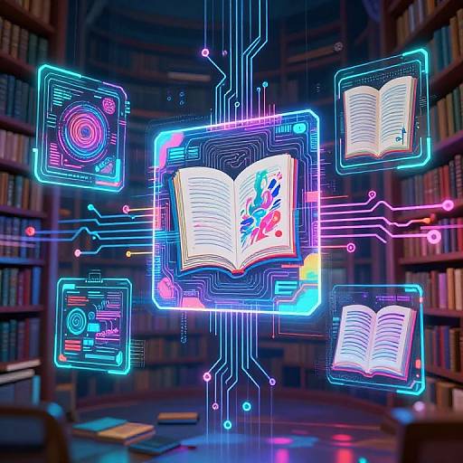 Digital illustration of glowing neon book holograms floating in a dimly lit library, connected by futuristic circuit lines, featuring open books with vibrant text and illustrations
