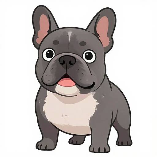 Cartoon-style drawing of a black French Bulldog with large ears, white chest, and wide, expressive eyes, standing against a white background.