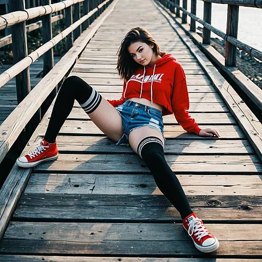 Young Woman Relaxing on Boardwalk in Casual Fashion