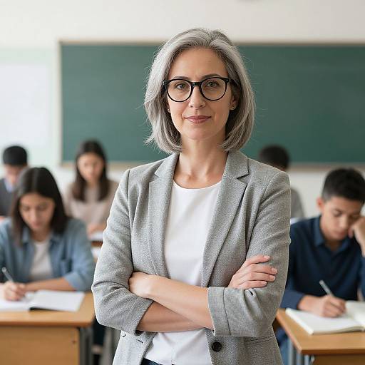 Photograph of a middle-aged woman with gray bob haircut, glasses, gray blazer, white top, standing in a classroom with students writing.