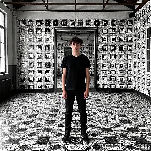 Black-shirted man stands in a stark, black-and-white geometric-patterned room with checkered floor, large window, and door, in a high