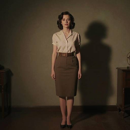 Photograph of a pale-skinned woman with dark, wavy hair, wearing a cream blouse and brown knee-length skirt, standing against a dimly