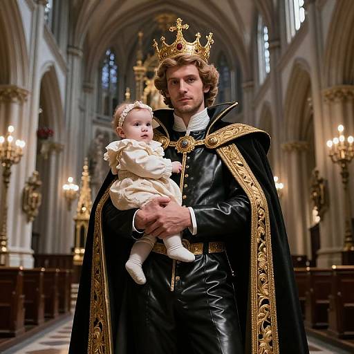 Regal Figure Holding Baby in Cathedral