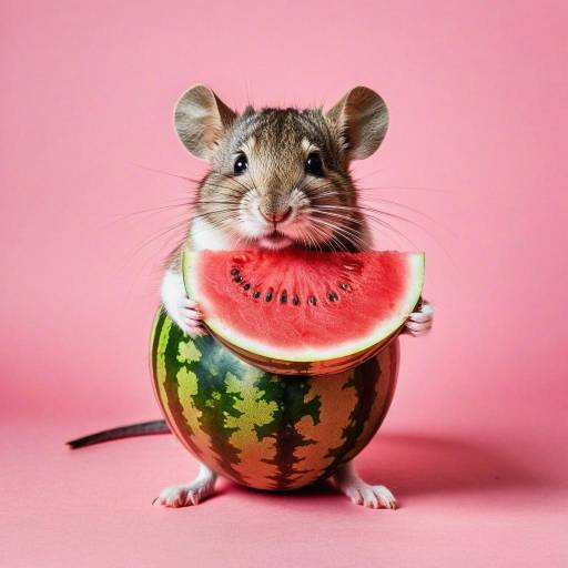 Mouse Enjoying Watermelon in Pink Setting