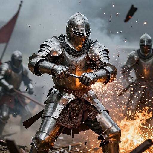 Photorealistic digital image of a armored knight wielding a flaming sword, surrounded by other knights in battle, with sparks flying and smoke in the background.