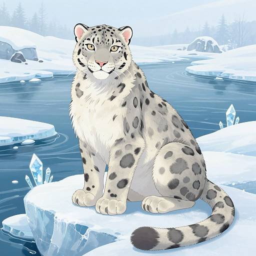 Digital illustration of a regal snow leopard with yellow eyes sitting on an ice floe, surrounded by icy blue water and ice crystals.