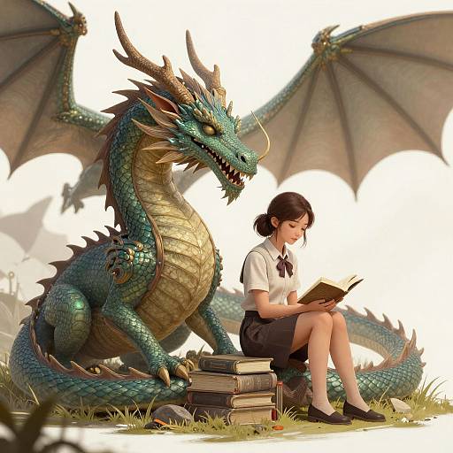 Woman Sitting Beside Majestic Dragon