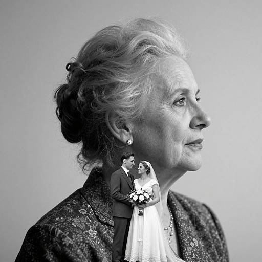 Black-and-white photograph of an elderly woman with wavy hair, wearing a textured jacket, holding a small bride and groom figurine. Profile view,