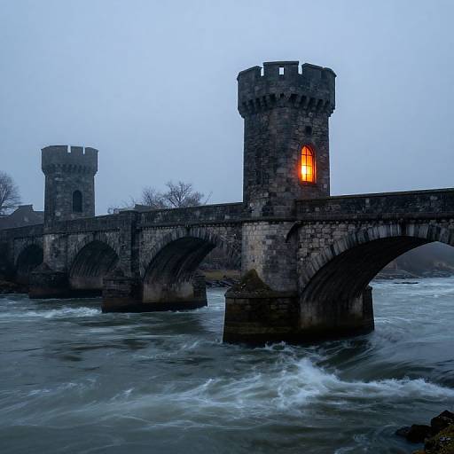 Photograph of a medieval stone bridge with two cylindrical towers, one with a glowing orange window, spanning a turbulent river under a cloudy blue sky.
